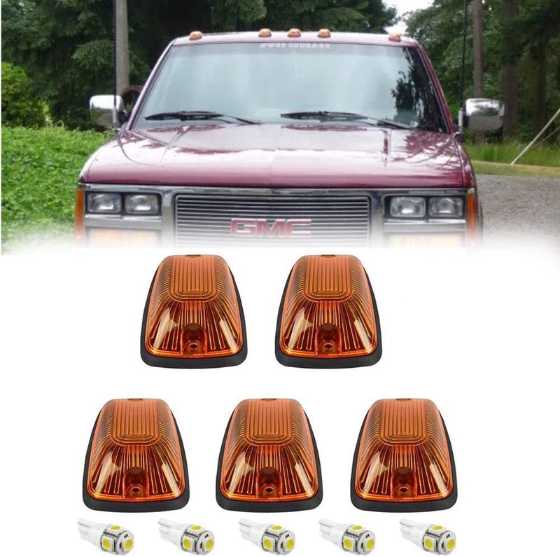 KMA 5pcs Amber Cab Maker Roof Running Clearance Light Cover + White T10 5050 LED Light Bulbs Replacement For 1988-2002 GMC Chevy C1500 C2500 C3500 K1500 K2500 K3500 Pickup (Amber Cover & White LED) - Image 1